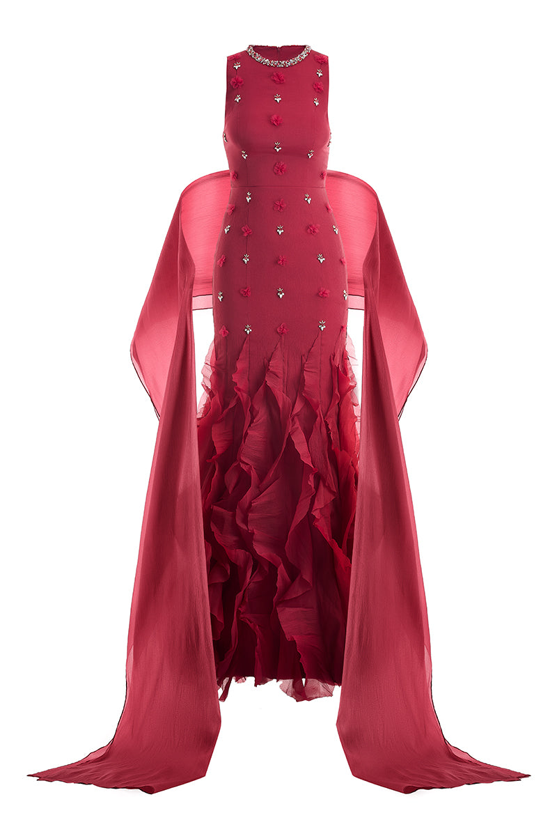Red CULT MIA X HAPPY CLOTHING mermaid organza gown featuring intricate design and flowing fabric, perfect for elegant occasions.