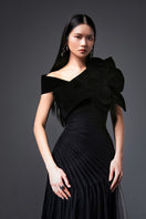 Black CULT MIA X HAPPY CLOTHING Lester A-line gown made of sheer organza fabric, featuring a flowing and elegant design.