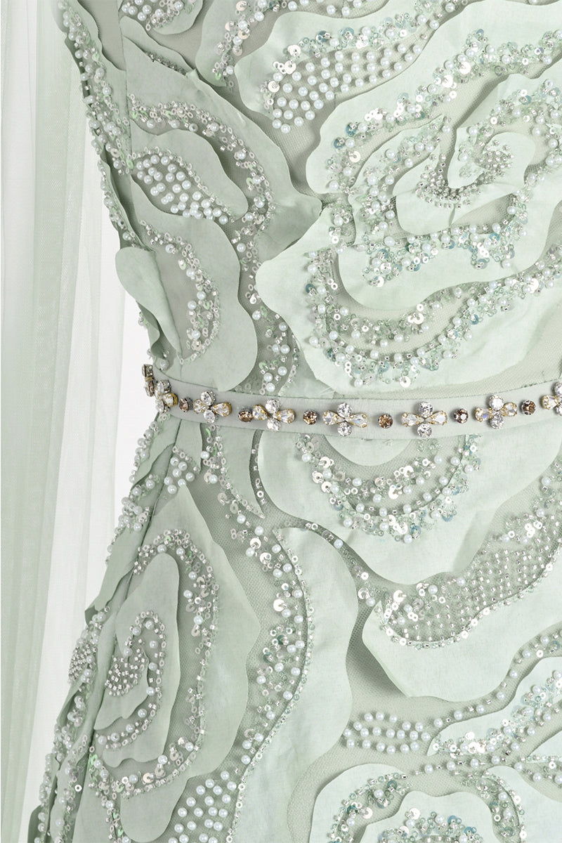 FLOWER WAVE A LINE MAXI DRESS WITH SCARF DETAIL - CULT MIA