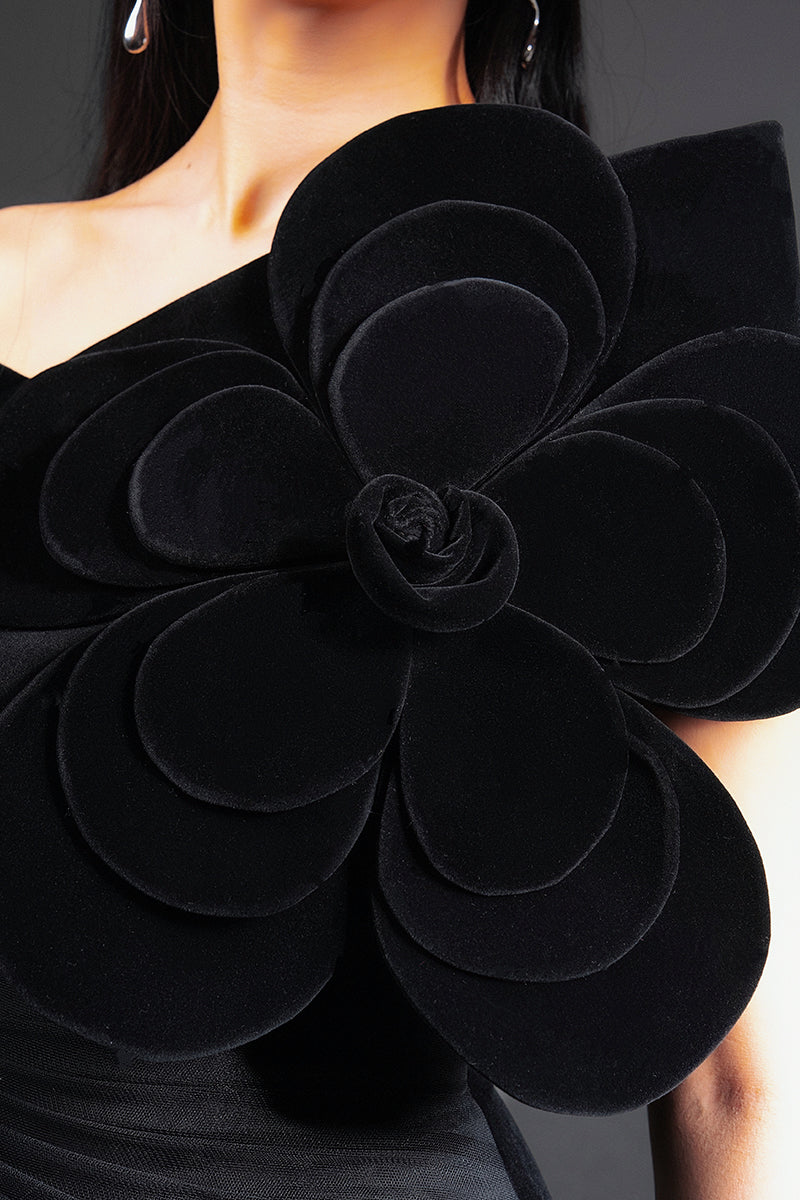 Black CULT MIA X HAPPY CLOTHING Lester A-line organza gown with flowing silhouette and elegant design, perfect for formal occasions.