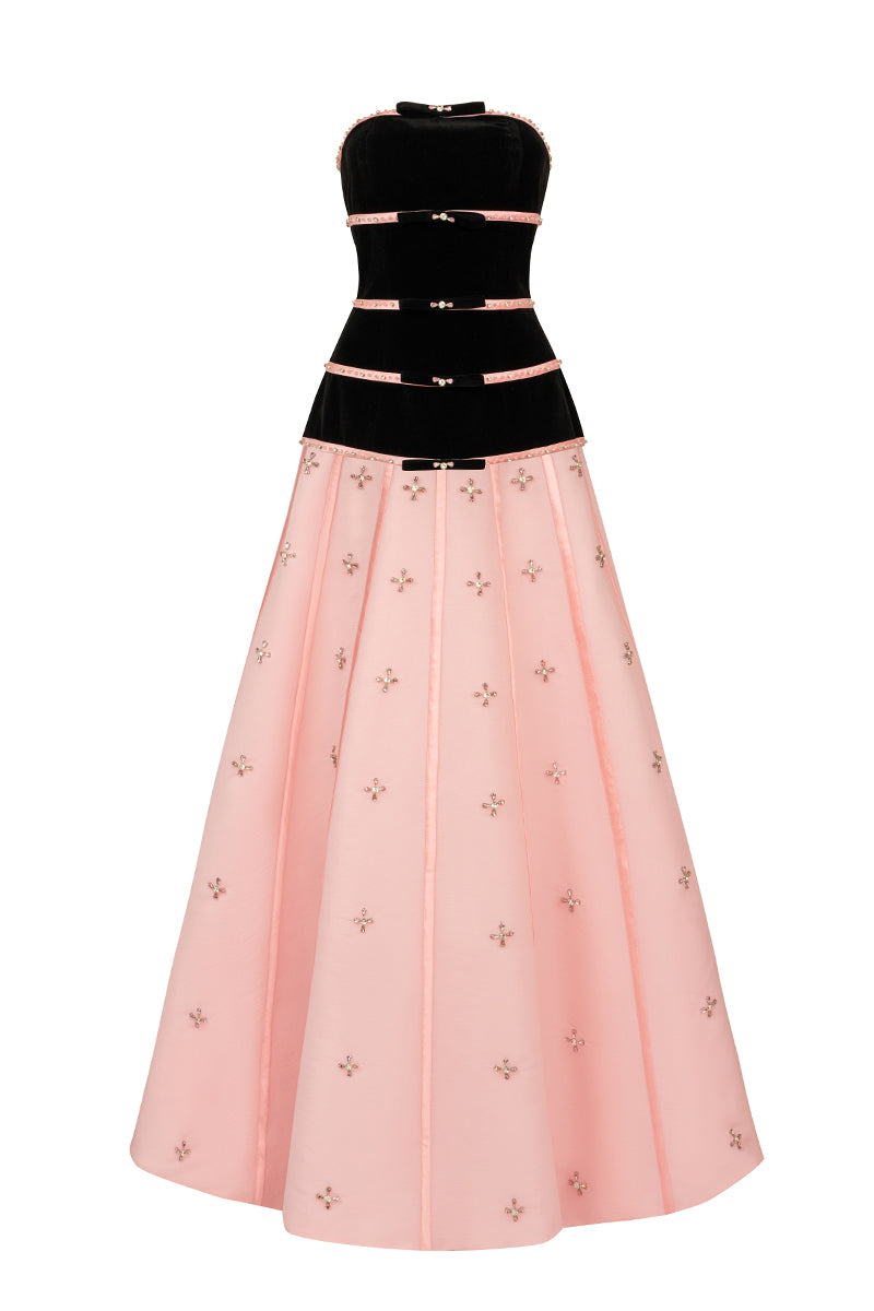Elegant velvet and crystal A-line gown by Happy Clothing featuring a flowing silhouette and intricate detailing.