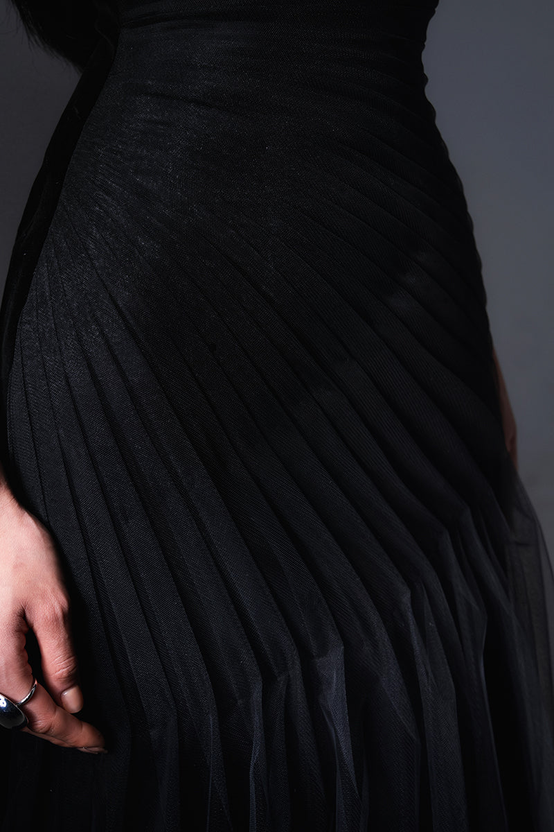 Black CULT MIA X HAPPY CLOTHING Lester A-line organza gown with flowy silhouette and elegant design, perfect for formal occasions.
