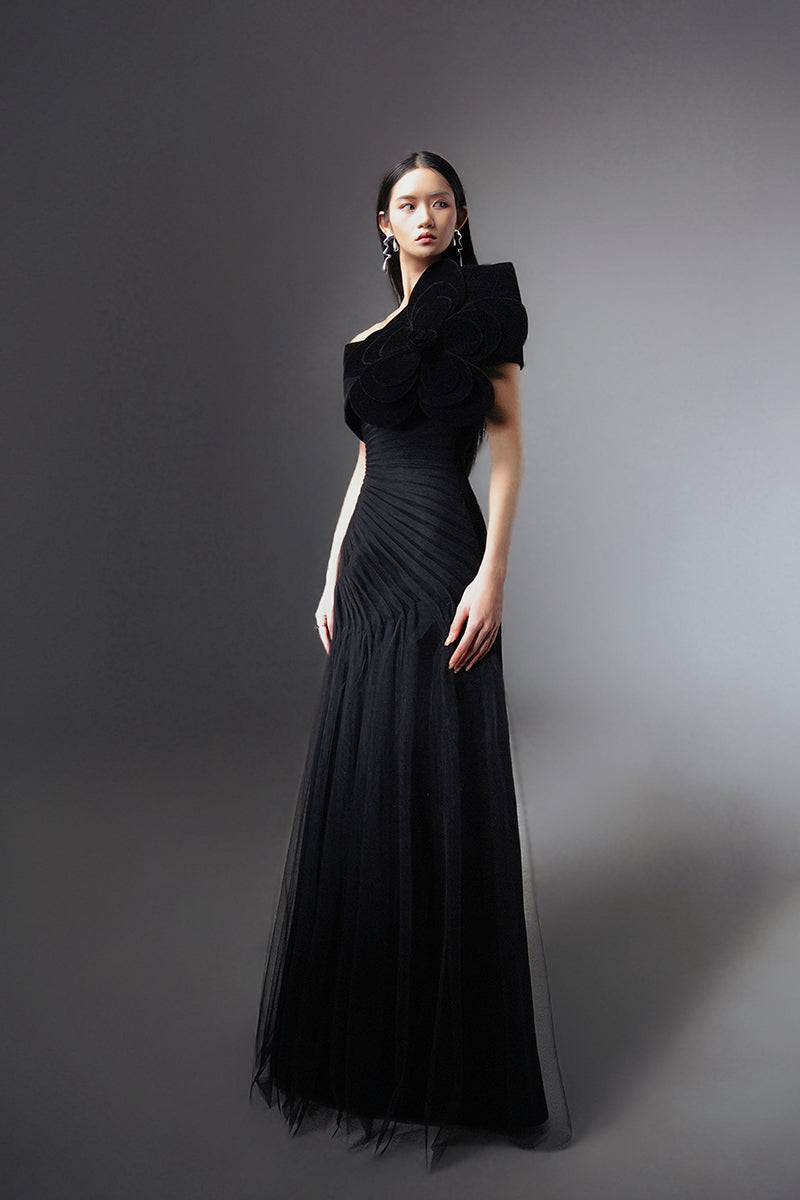 CULT MIA X HAPPY CLOTHING LESTER A-LINE ORGANZA MAXI DRESS IN BLACK - CULT MIA