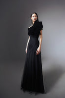 Black CULT MIA X HAPPY CLOTHING Lester A-line organza gown, elegant formal dress with flowing fabric and sophisticated design.
