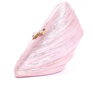 Pink metallic saline fan-shaped clutch by Emm Kuo with a sleek, modern design and compact size for elegant evening styling.