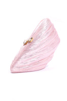 Pink metallic saline fan-shaped clutch by Emm Kuo with a sleek, modern design and compact size for elegant evening styling.