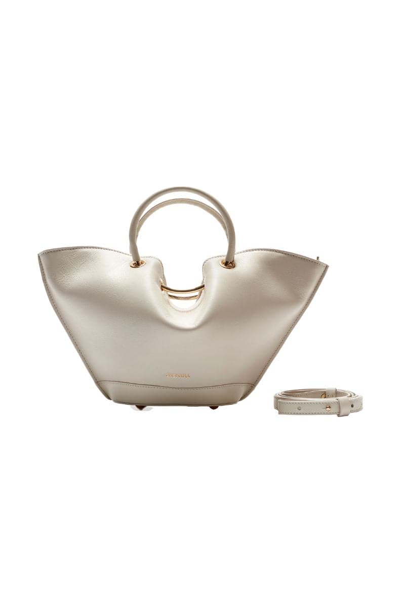 Mini ivory Capazo bag by Saonara, a top handle bag with woven straw texture and elegant design, perfect for daytime accessories.