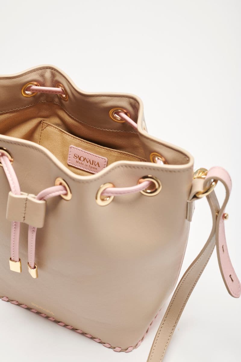 Taupe Peony bucket bag by Saonara, stylish top handle bag made of soft material with elegant peony design and spacious interior.