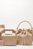 Saonara taupe peony bucket bag with top handle, stylish and spacious for everyday use.