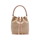 Taupe Peony bucket bag by Saonara, stylish top handle bag with elegant peony design and structured shape.