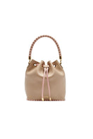 Taupe Peony bucket bag by Saonara, stylish top handle bag with elegant peony design and structured shape.