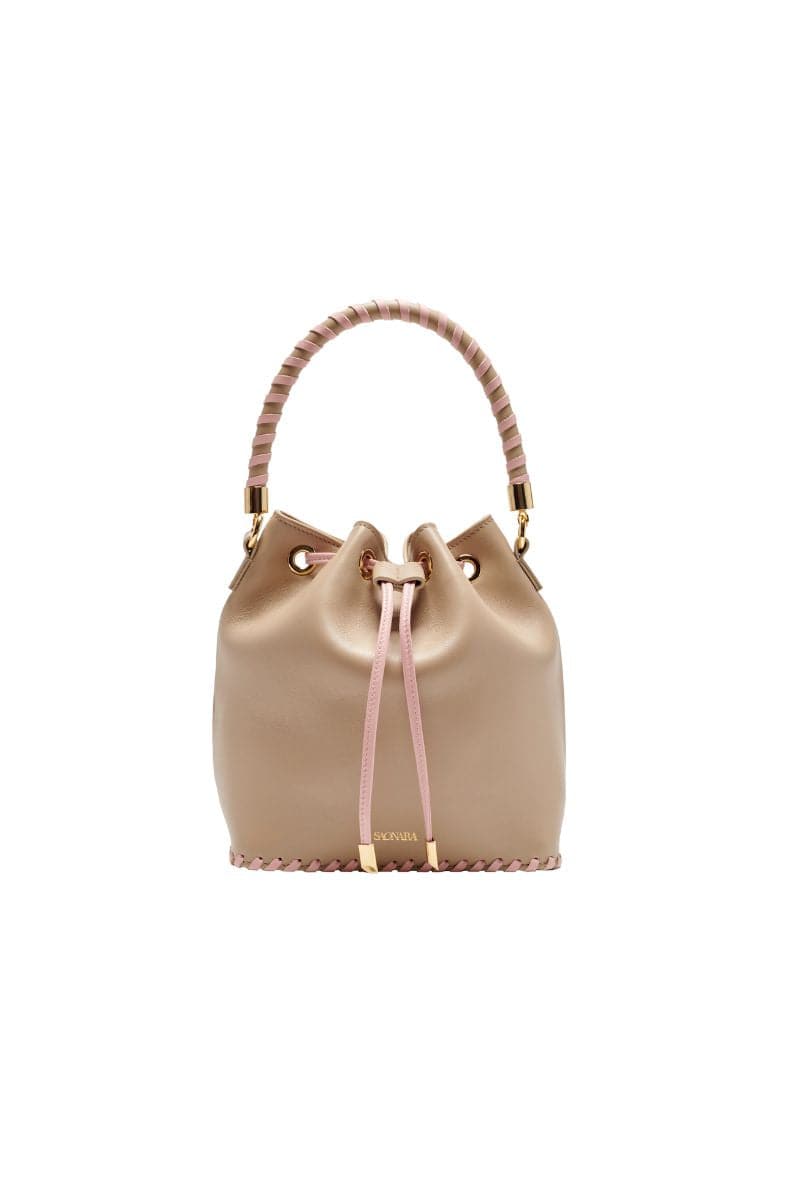 Taupe Peony bucket bag by Saonara, stylish top handle bag with elegant peony design and structured shape.