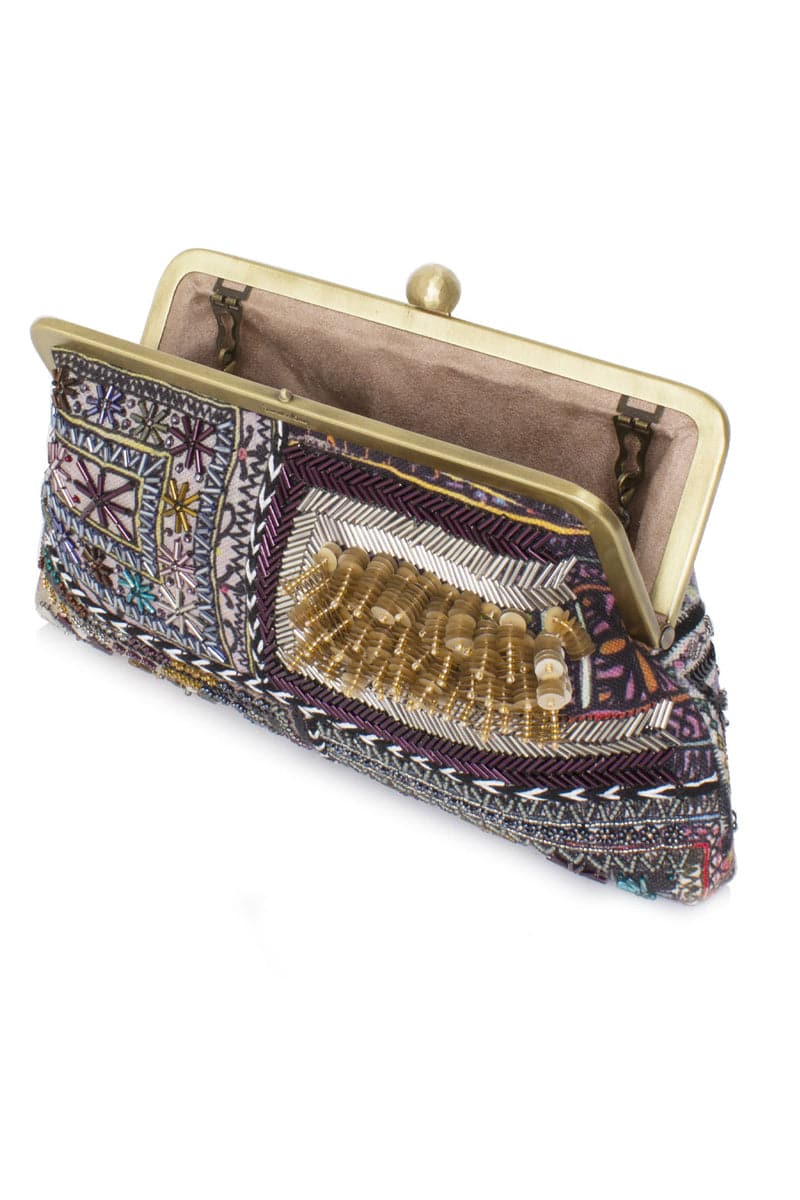 Sarah's Bag Bedouin Classic hand-printed embroidered clutch with metallic accents, featuring intricate traditional embroidery.