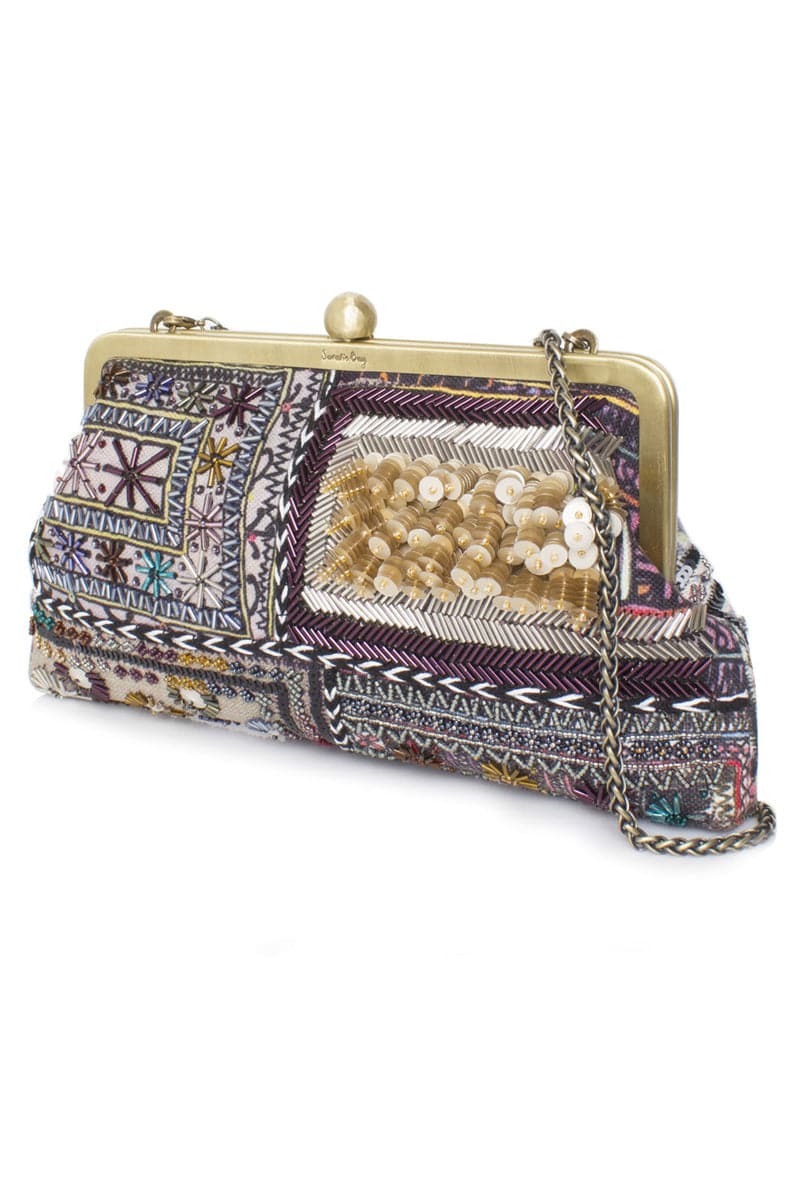Sarah's Bag Bedouin Classic hand-printed embroidered clutch with metallic accents, featuring intricate embroidery and a sleek design.