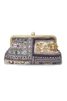 Sarah's Bag Bedouin Classic hand-printed embroidered clutch with metallic accents, showcasing intricate embroidery and elegant design.
