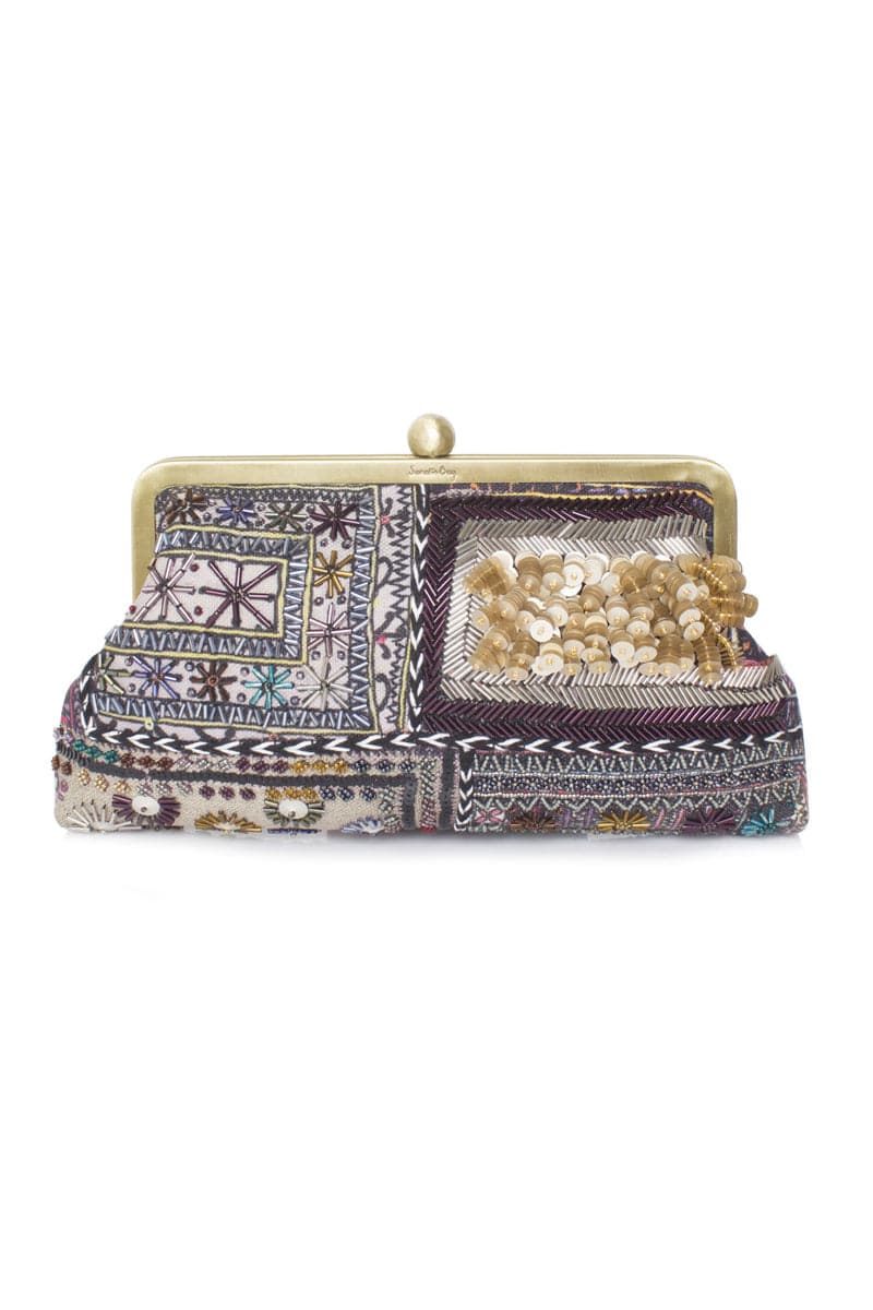 Sarah's Bag Bedouin Classic hand-printed embroidered clutch with metallic accents, showcasing intricate embroidery and elegant design.