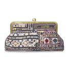 Sarah's Bag Bedouin Classic hand-printed embroidered clutch with metallic accents, showcasing intricate craftsmanship and vibrant design.