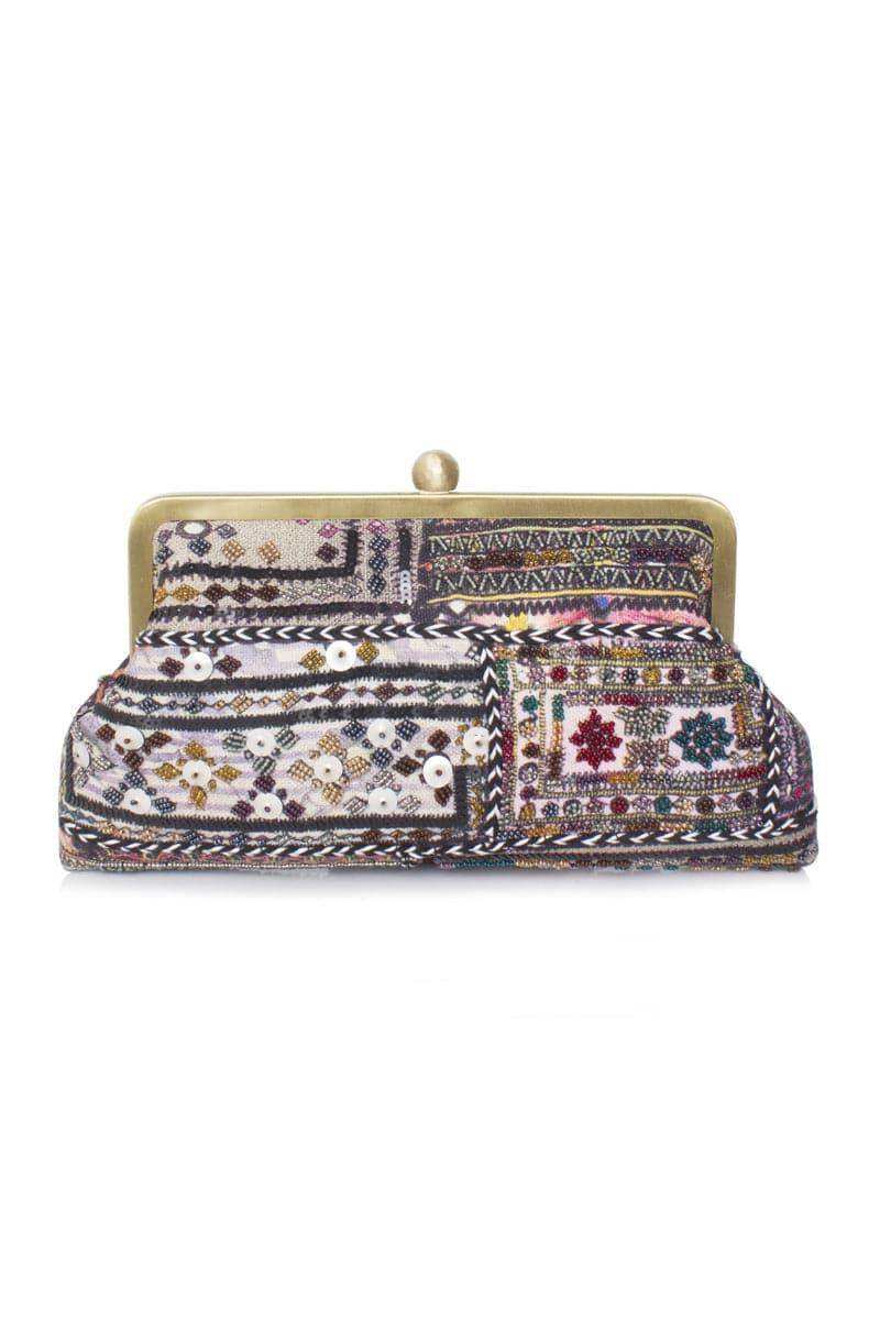 Sarah's Bag Bedouin Classic hand-printed embroidered clutch with metallic accents, showcasing intricate craftsmanship and vibrant design.