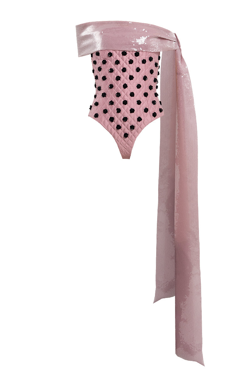 QUILTED BODYSUIT WITH FLOWER EMBROIDERY IN PINK - CULT MIA