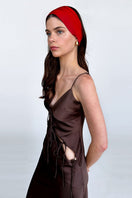 Aethera Claudine Nero rose and crimson silk headwrap set with elegant, smooth fabric and intricate knot details.