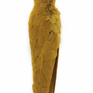 Elegant chartreuse gold velvet strapless 3D petal gown by Happy Clothing, showcasing flowing fabric and intricate floral details.