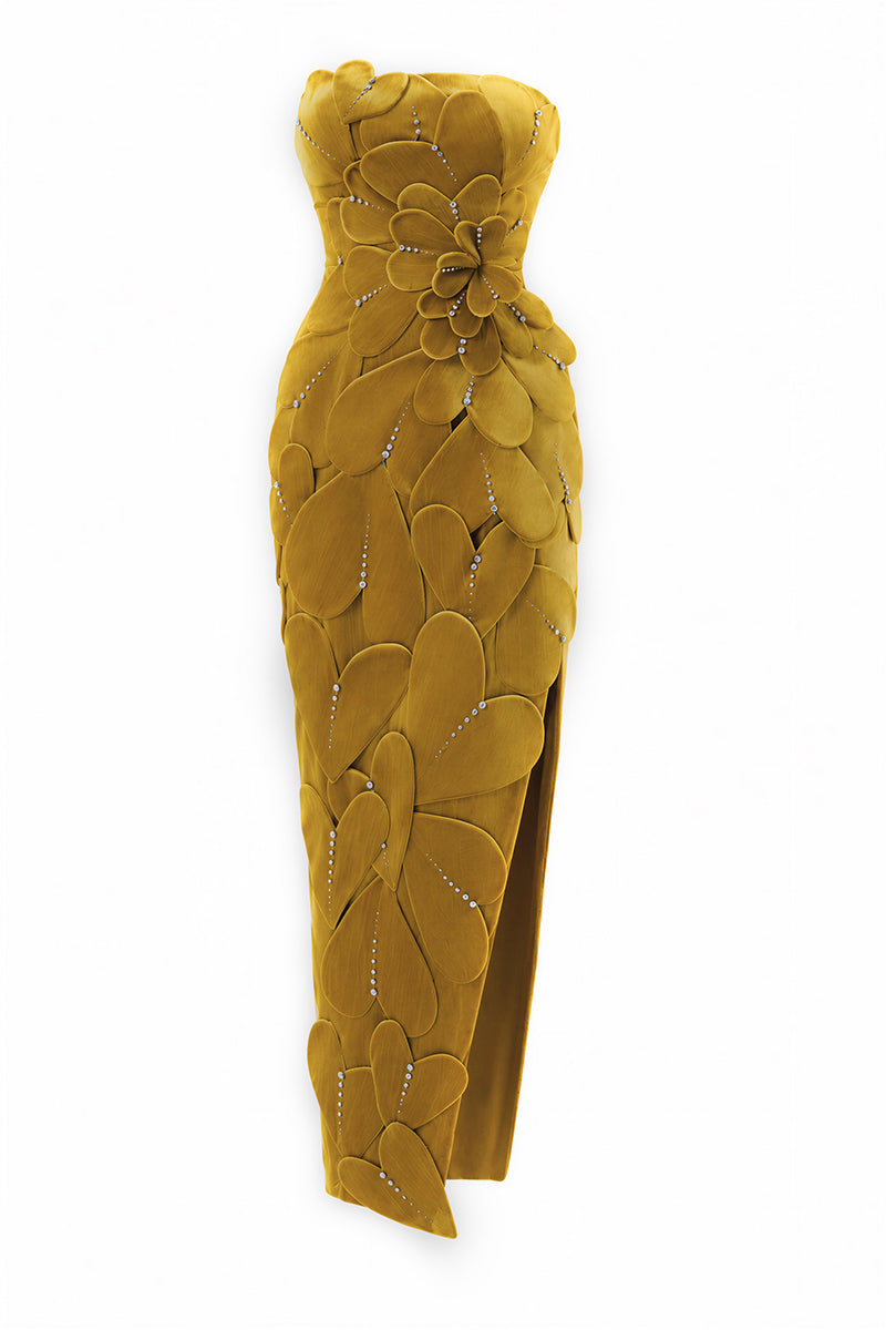 Elegant chartreuse gold velvet strapless 3D petal gown by Happy Clothing, showcasing flowing fabric and intricate floral details.