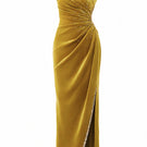 Chartreuse gold velvet one-shoulder floral gown by Happy Clothing, featuring elegant draping and intricate floral details.