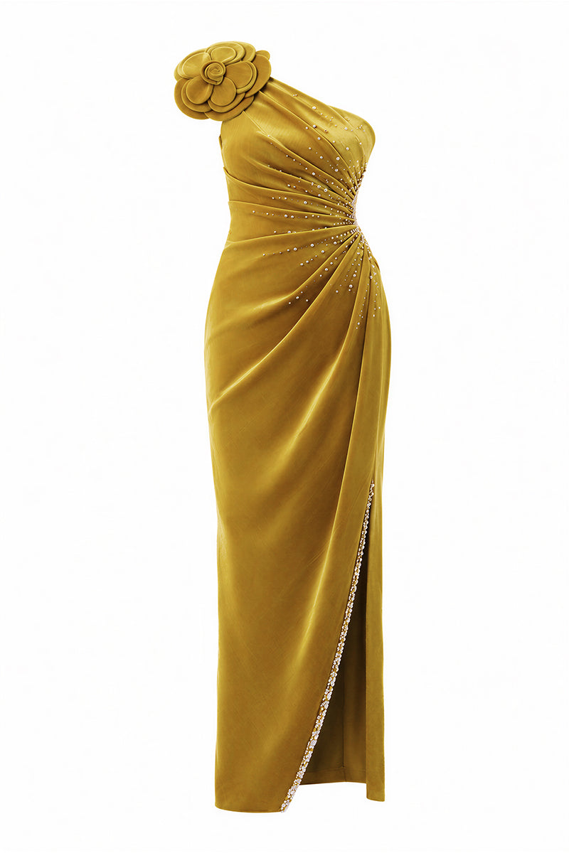 Chartreuse gold velvet one-shoulder floral gown by Happy Clothing, featuring elegant draping and intricate floral details.
