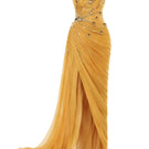 Elegant green chiffon gown by Happy Clothing with gold heart embellishments and draped design, perfect for formal occasions.