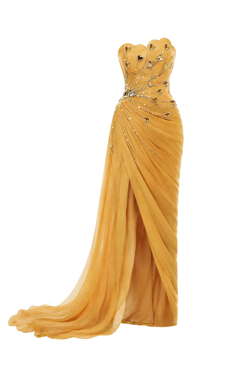 Elegant green chiffon gown by Happy Clothing with gold heart embellishments and draped design, perfect for formal occasions.