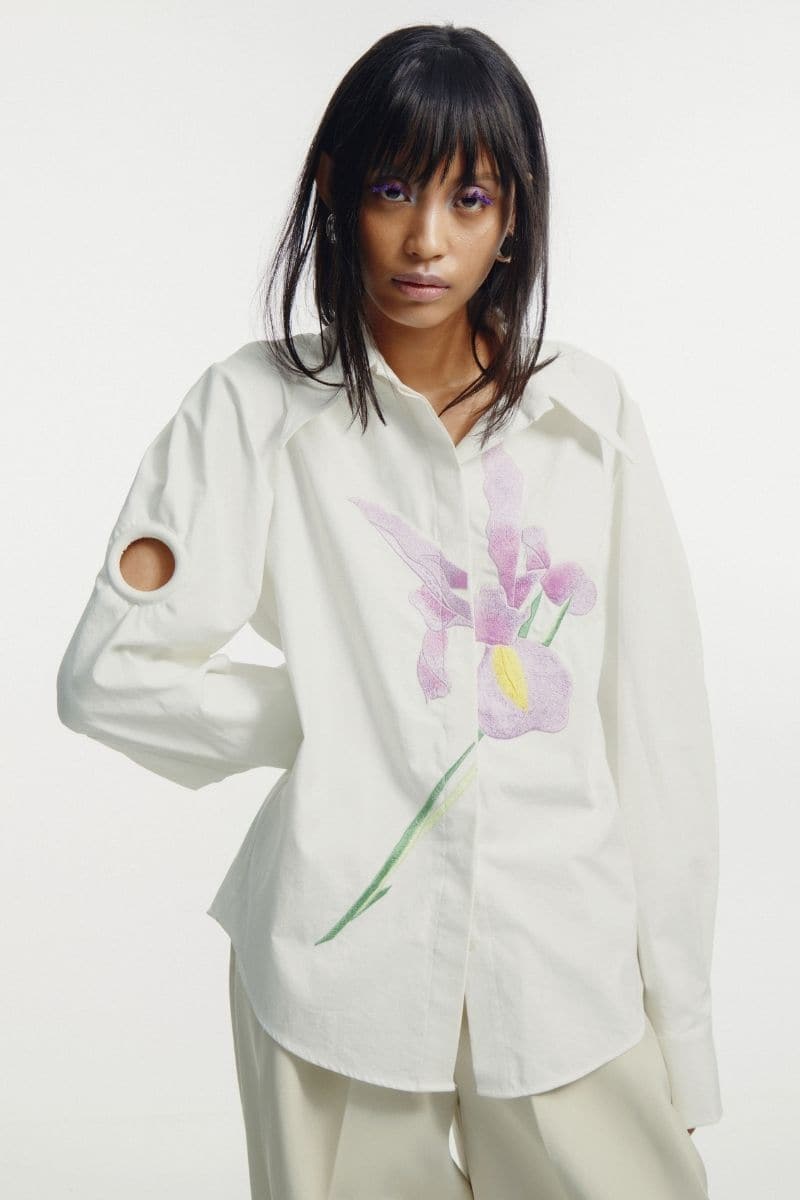 WHITE EMBROIDERED HOLE DETAIL TAILORED SHIRT | Sean Sheila | CULT MIA