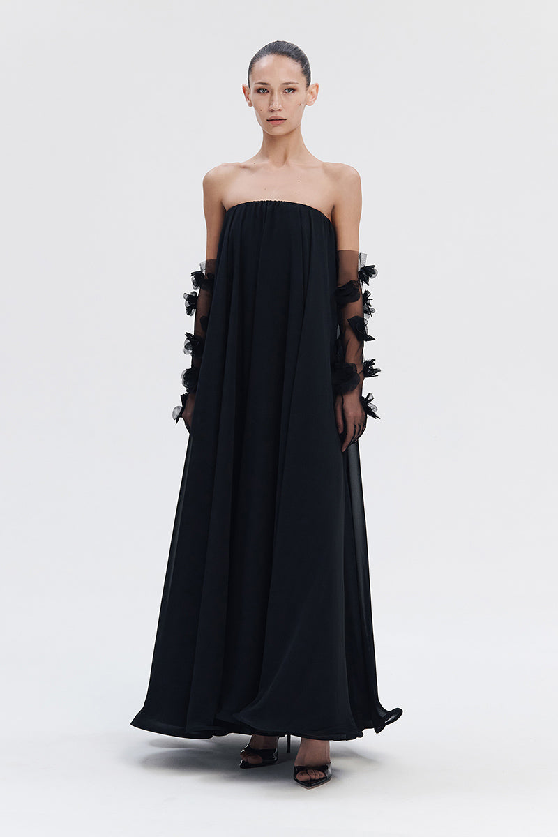 TULLE BLOSSOM GLOVES IN MIDNIGHT BLACK