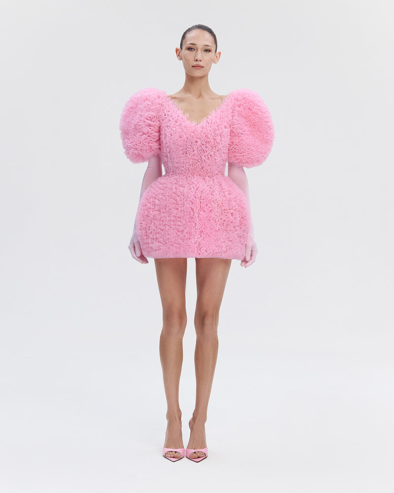 RUFFLED TULLE MINI DRESS IN PINK BLOSSOM