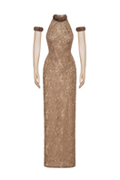 Elegant Seraphina lace halter gown by Margée Atelier, featuring intricate lace details and a flowing silhouette.