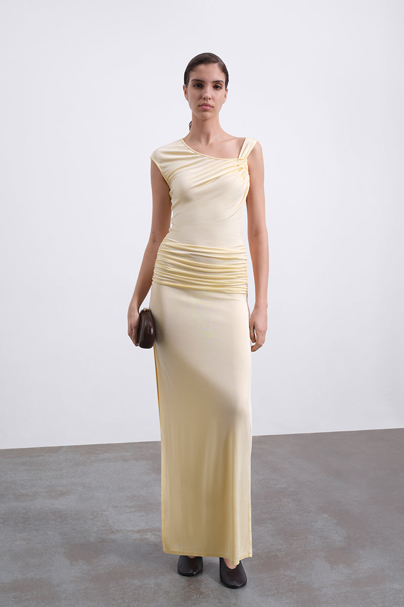 SEREN ONE-SHOULDER RUCHED DRESS IN BUTTER YELLOW
