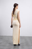 SÉLONE Seren one-shoulder ruched maxi dress in butter yellow, stylish evening dress with elegant draping and fitted silhouette.