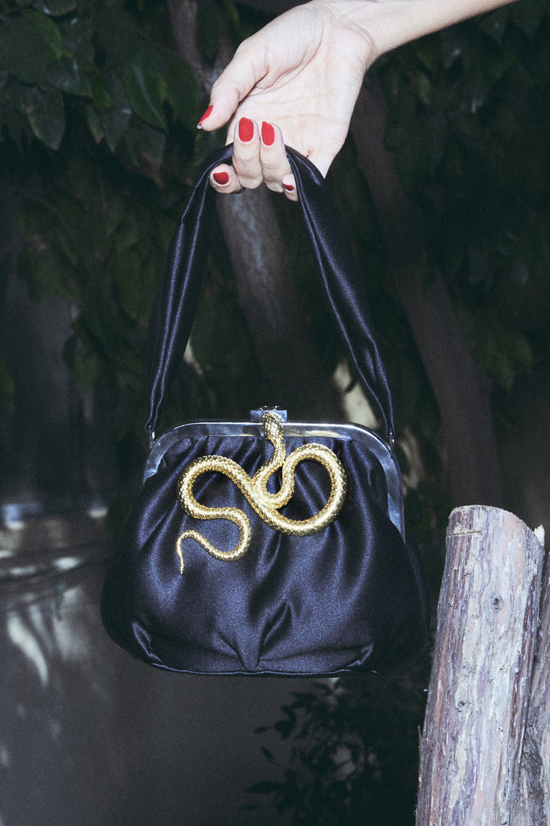 SERPENT ON SATIN BELLA BLACK HANDBAG - CULT MIA