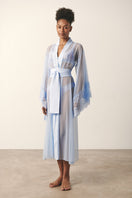 Sheer blue mesh kimono robe by Luciela, lightweight and flowy with a delicate, transparent fabric ideal for layered fashion.