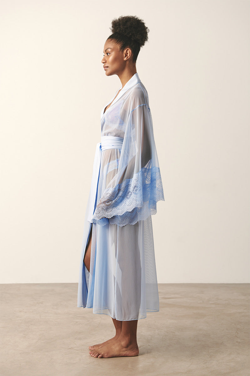 Sheer blue mesh kimono robe by Luciela featuring lightweight, flowy fabric and open-front design for a stylish, comfortable look.