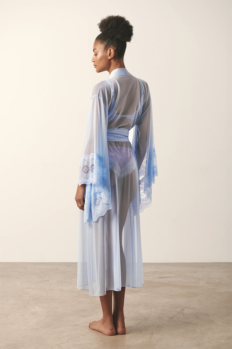 Sheer blue mesh kimono robe by Luciela with flowing, lightweight fabric and open-front design, perfect for stylish layering.