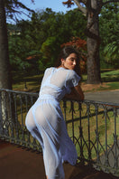 Sheer blue mesh robe by Luciela, lightweight and breathable with a flowing design, perfect for lounging or layered styling.