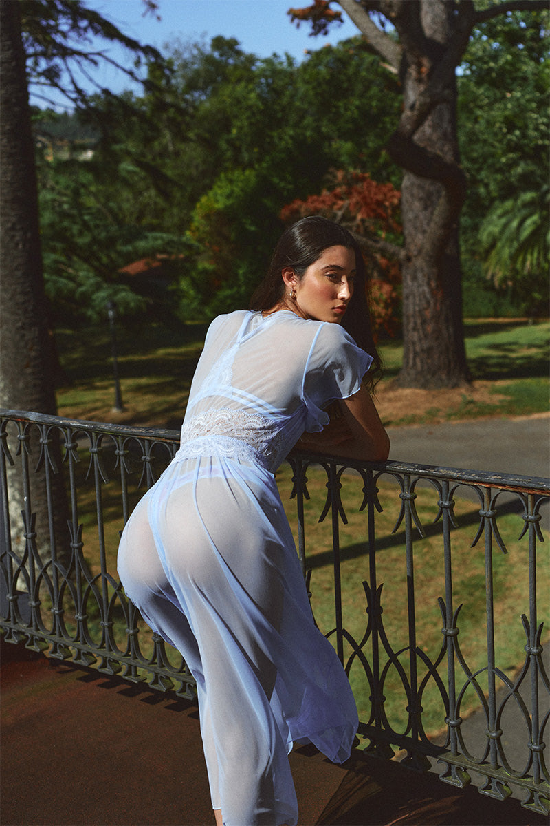 Sheer blue mesh robe by Luciela, lightweight and breathable with a flowing design, perfect for lounging or layered styling.