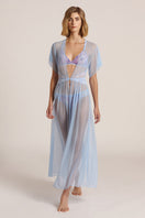 Sheer blue mesh robe by Luciela, lightweight and stylish, shown draped open to highlight its flowy fabric and delicate design.