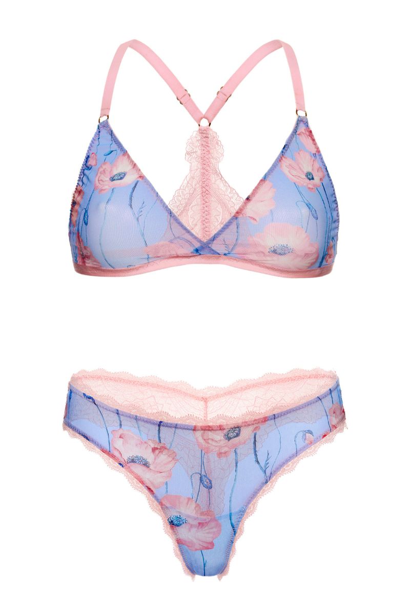 Sheer mesh lingerie set including a Poppy bralette and matching thong by Luciela, featuring delicate, see-through fabric and feminine design.