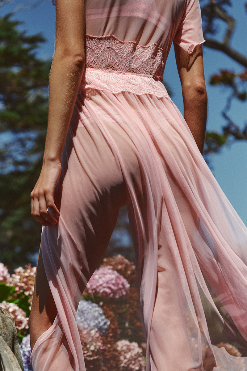 Sheer pink mesh robe by Luciela featuring lightweight, semi-transparent fabric and a flowing, relaxed fit.