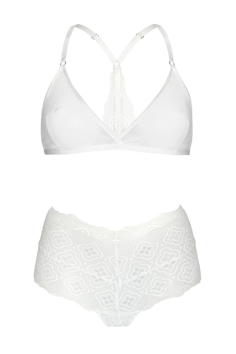 Sheer white mesh bralette and matching white boyshort lingerie set from Luciela, featuring delicate fabric and comfortable fit.