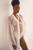 Sheer white mesh kimono robe by Luciela, lightweight and flowy with delicate fabric and relaxed fit.