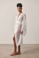Sheer white mesh kimono robe by Luciela, lightweight and flowy with delicate fabric and open front design.
