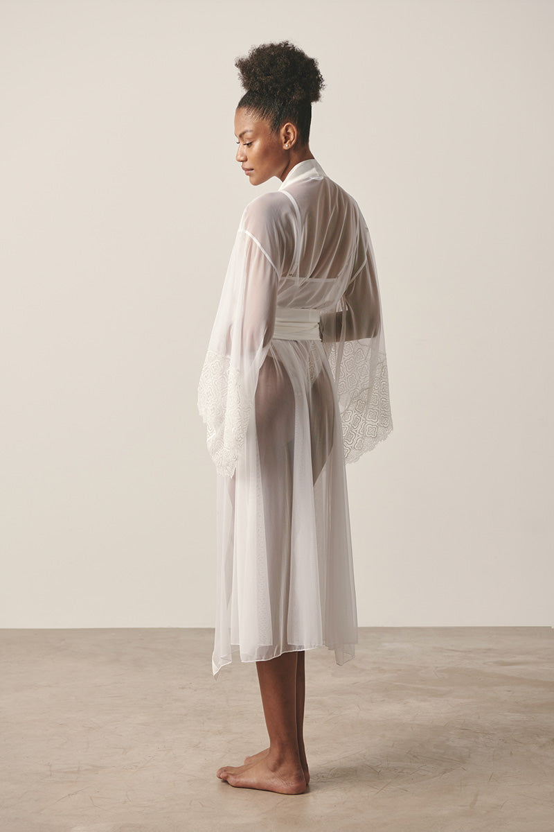 White mesh kimono robe by Luciela, featuring sheer lightweight fabric and open-front design for a stylish, breezy look.