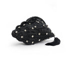 Black wicker Shellona shell-shaped evening clutch bag by Emm Kuo, featuring a woven shell design and compact, stylish silhouette.